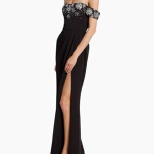 Marchesa Notte Beaded Stretch Crepe Off-The-Shoulder Black Gown NWT Size 16